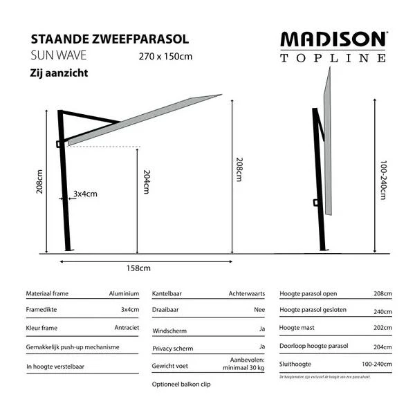 Madison Parasol Sun Wave 270 × 150 Cm - Taupe 8 Madison Parasol Sun Wave 270 × 150 Cm - Taupe - Afbeelding 6